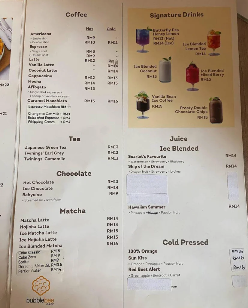 Bubblebee beverages Menu