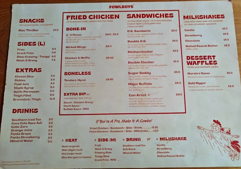 Fowlboys menu prices