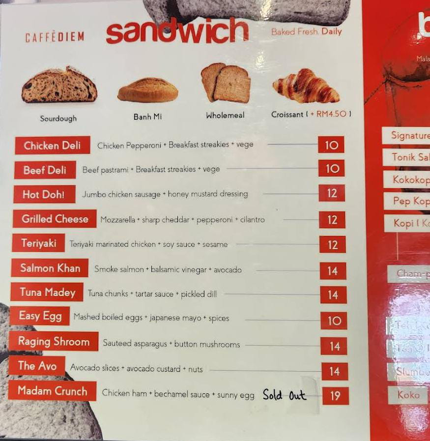 sandwich Caffe Diem Menu