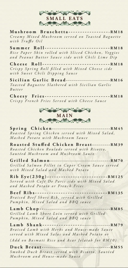 The Ame Soeur Menu prices