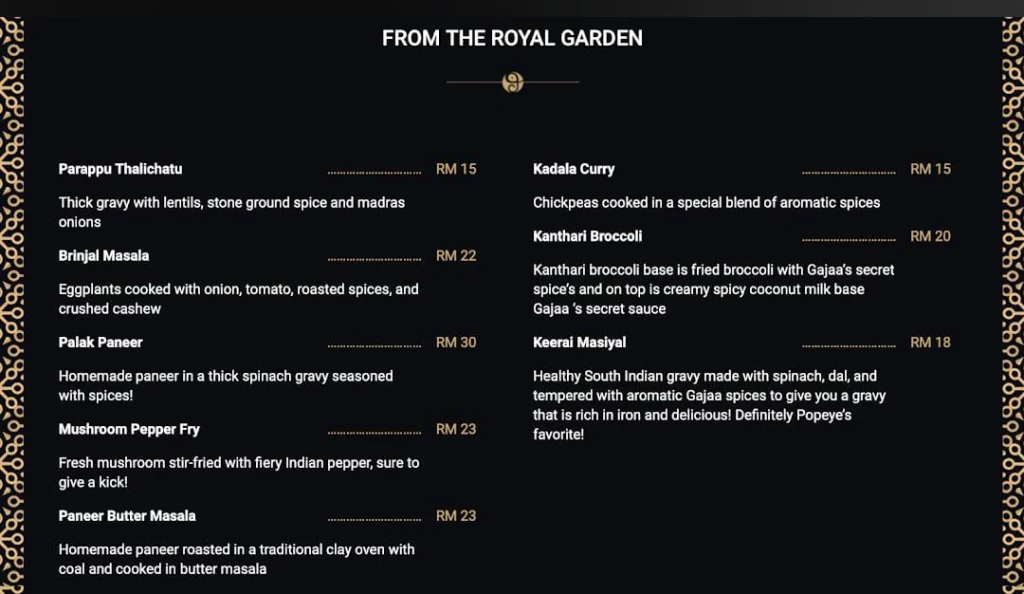 Royal dishes Gajaa at 8 Menu