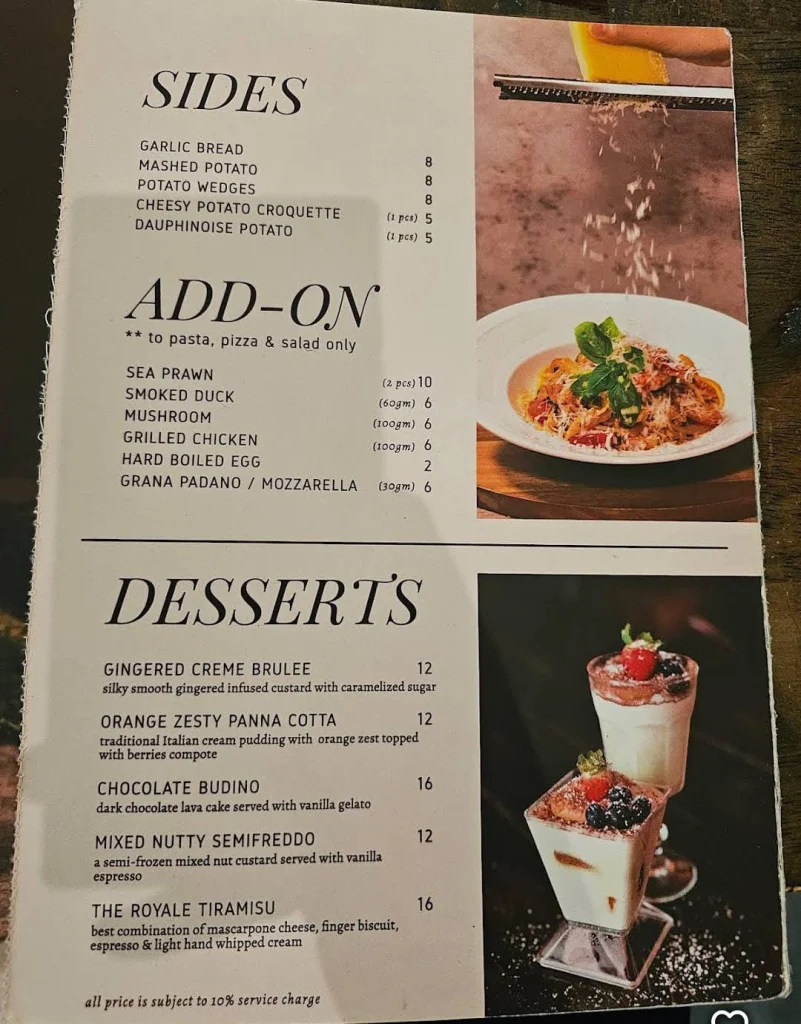 sides add on and dessert menu at Bucolic Cafe