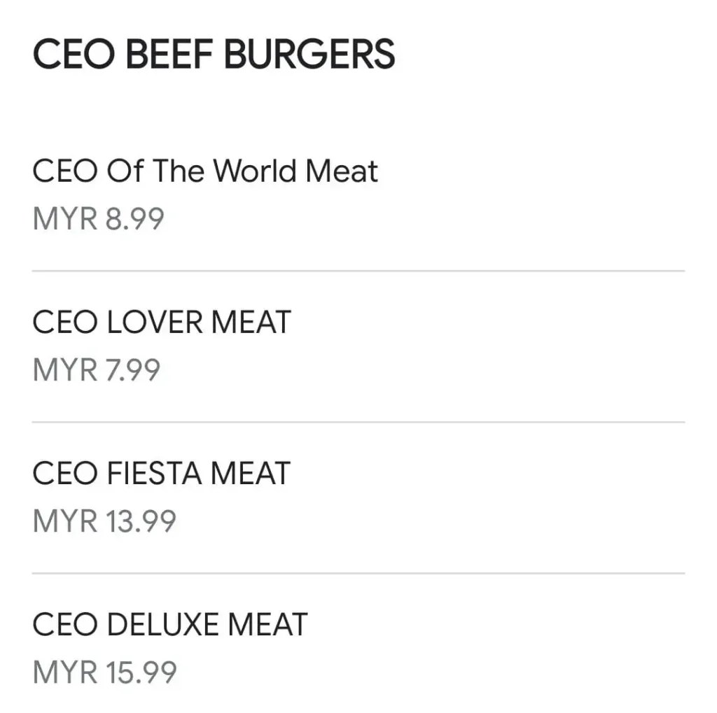 CEO Burger menu prices