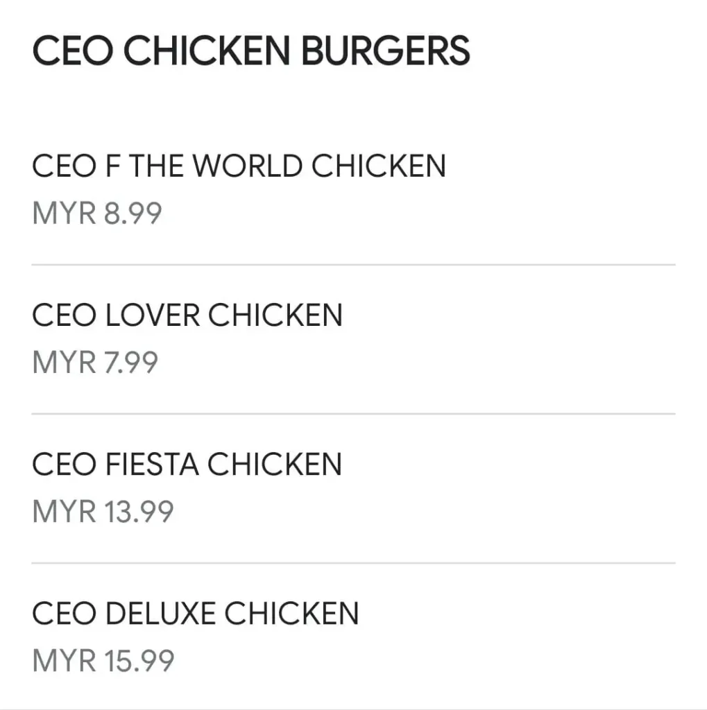 CEO Burger menu items