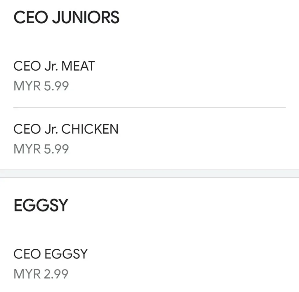 menu CEO Burger malaysia