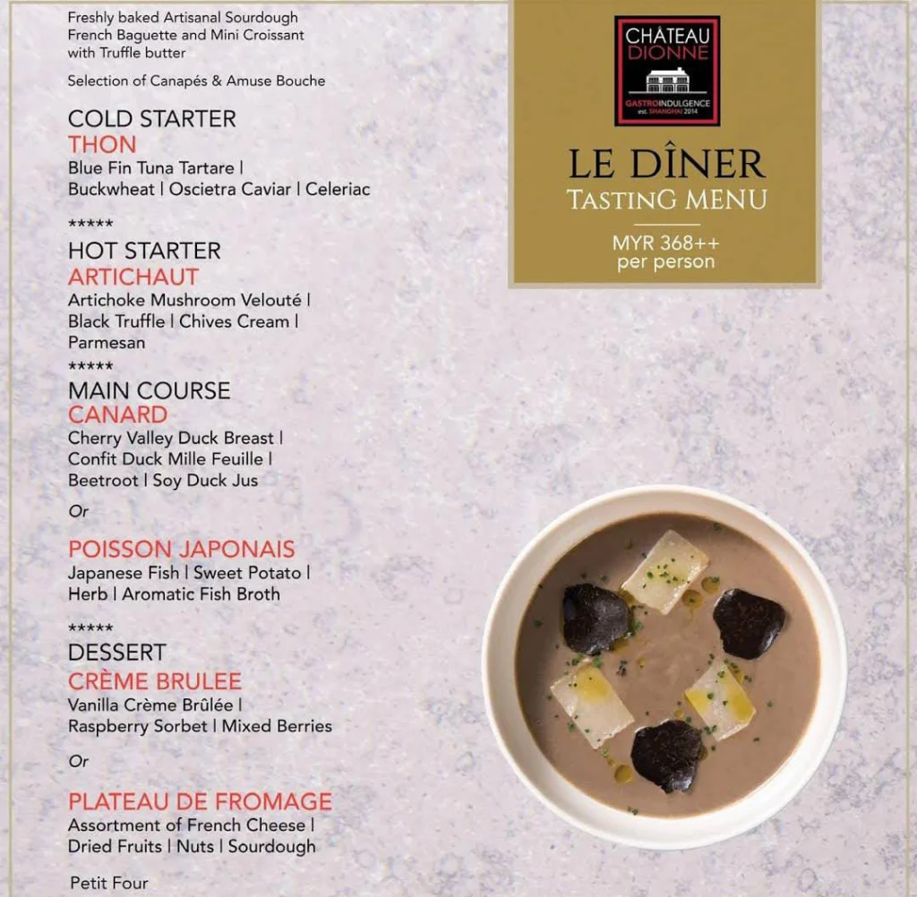 Chateau Dionne starter and course Menu