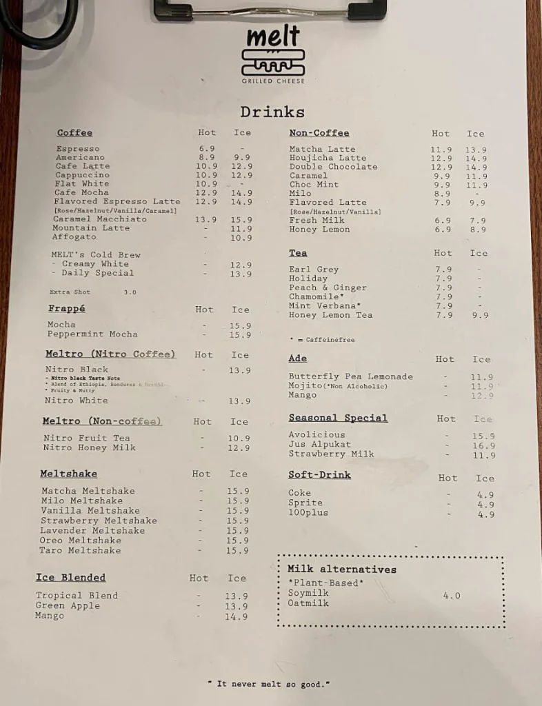 Cold & Melt Cafe Menu prices