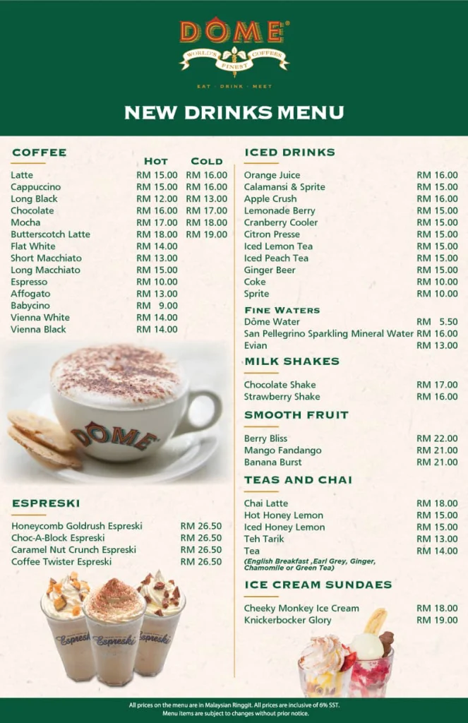 new drinks at Dome Cafe Menu Malaysia