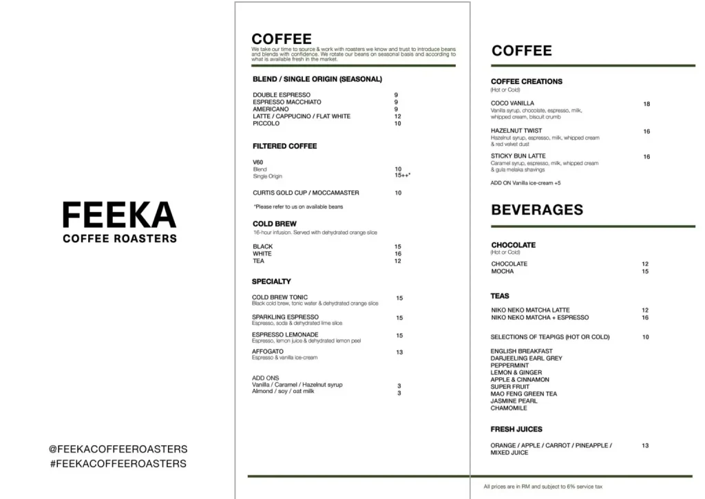 Feeka Menu Prices