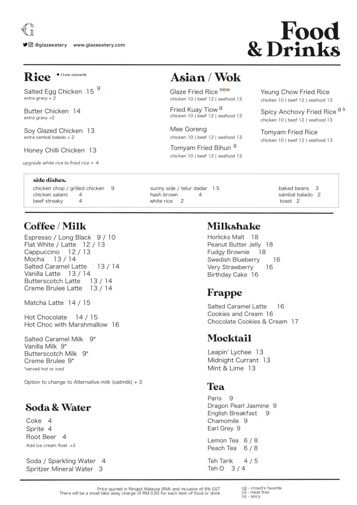 Glaze Eatery beverages Menu