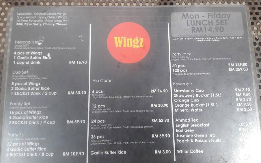 hot wings menu prices