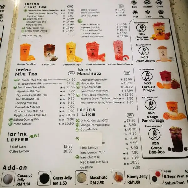 IDrink Menu prices