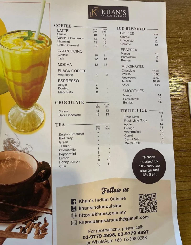 khan's indian cuisine drinks menu