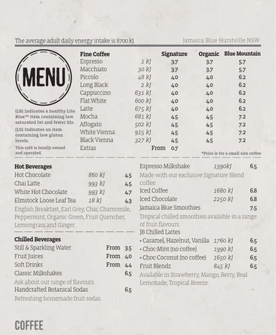 JAMAICA BLUE MENU ITEMS