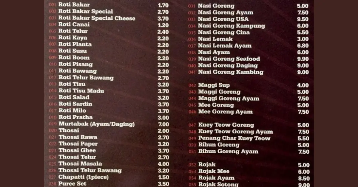 Mamak Menu Malaysia Harga Dikemaskini 2024