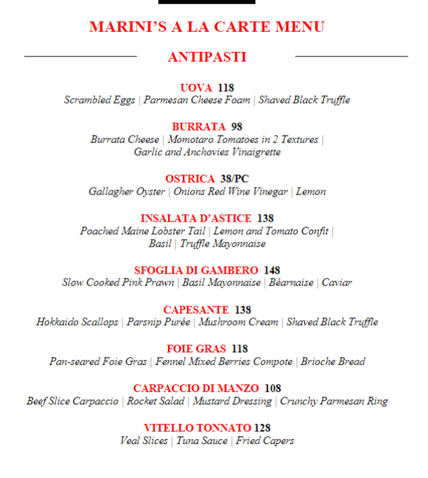 ALA CARTE Marini 57 Menu