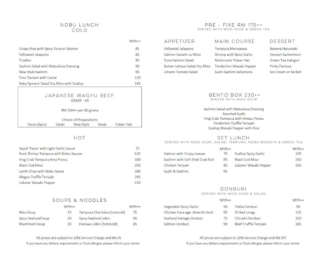 Nobu lunch menu