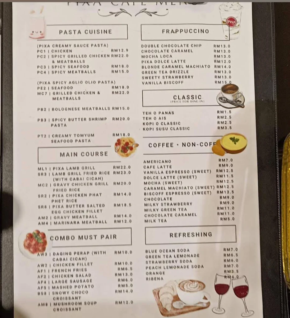 Pixa Cafe Menu Price