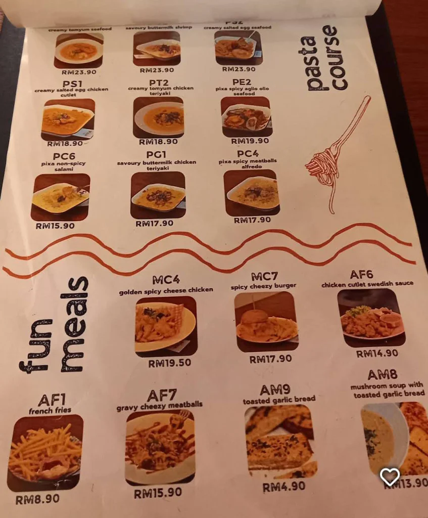 Pasta Pixa Cafe Menu