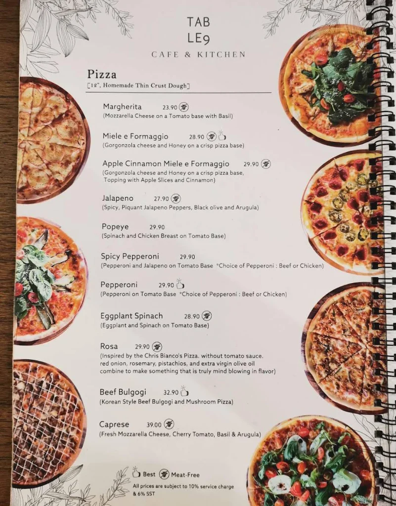 Pizza ata Table 9 Menu