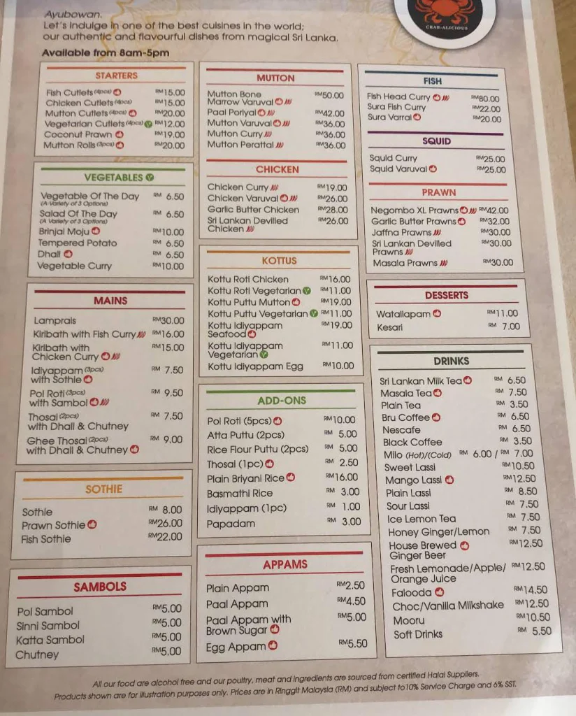 THE LANKAN CRABS MENU PRICES