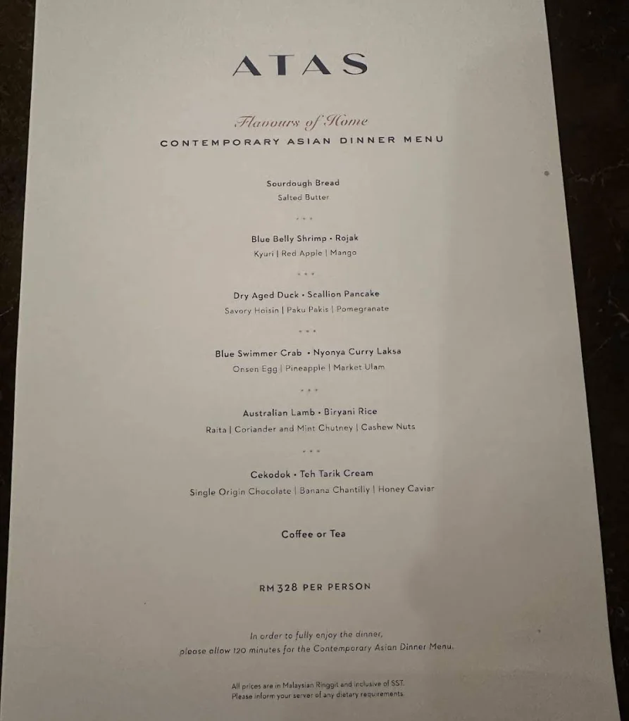 Atas Cafe asian dinner menu