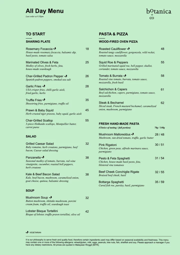 Botanica And Co Menu prices