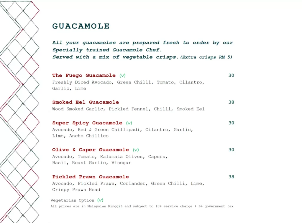 Guacamole Fuego menu