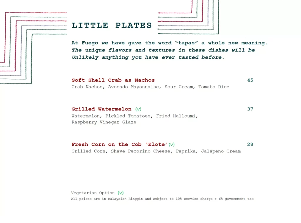 little platers at Fuego menu