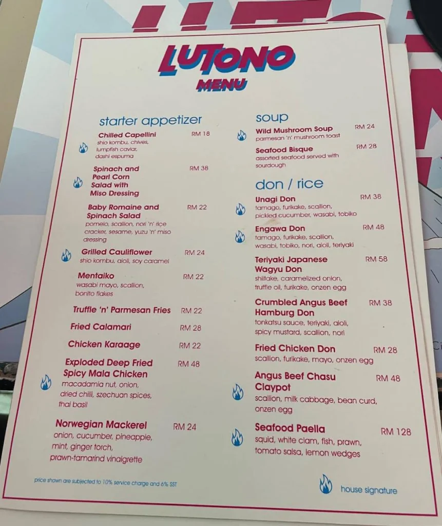 LUTONO Menu Prices