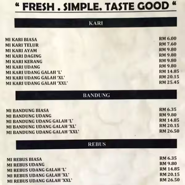 Mee Kari Menu prices