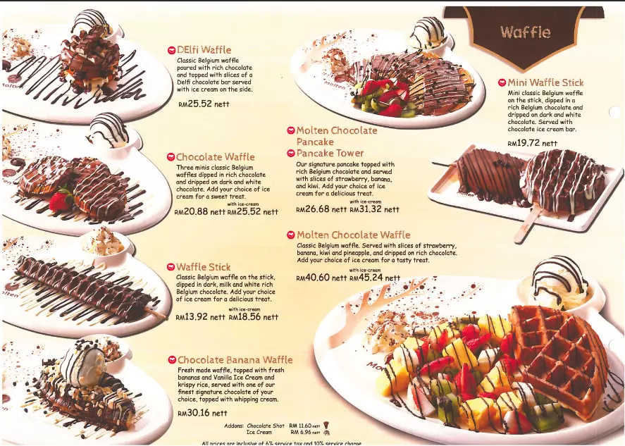 Waffle Molten Chocolate Cafe Menu