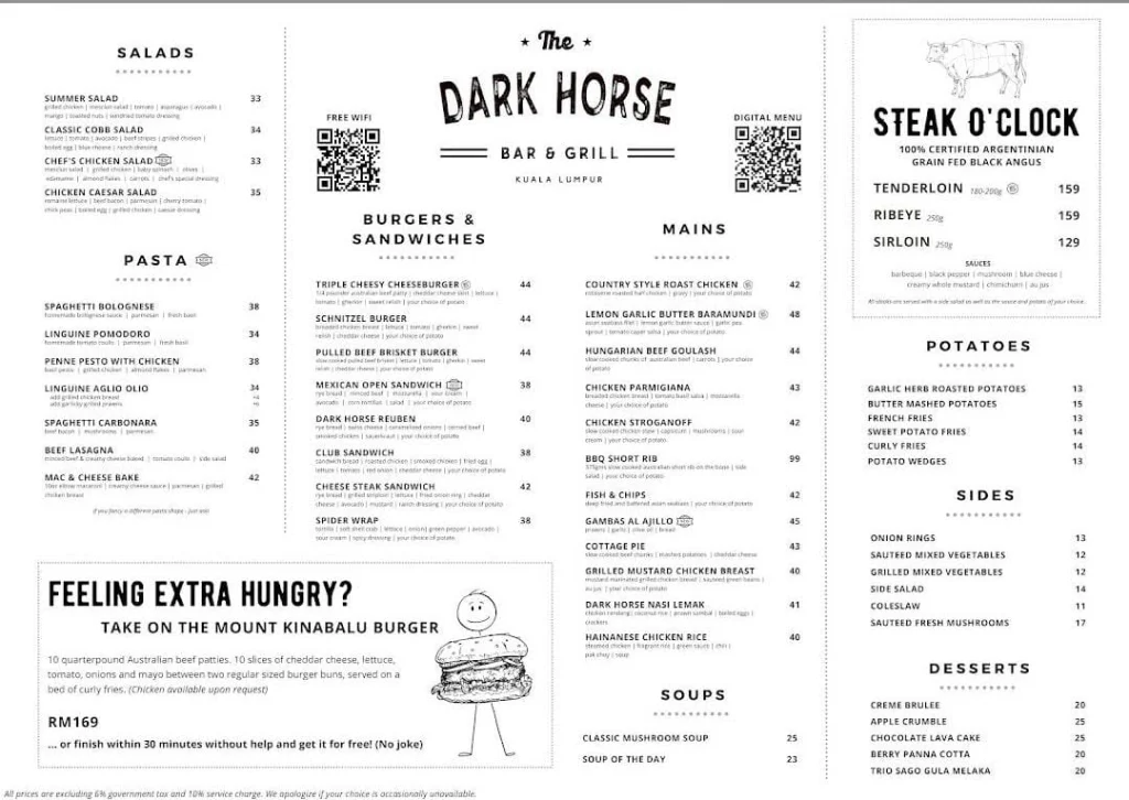 The Dark Horse Menu prices