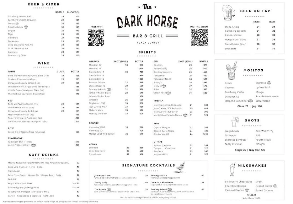 The Dark Horse drinks Menu