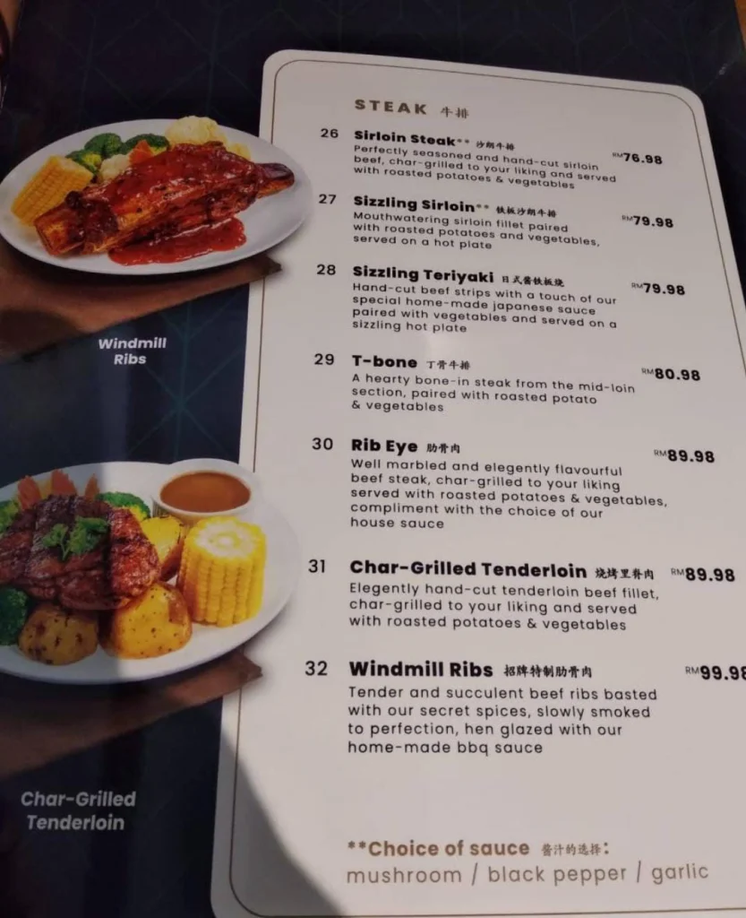 Windmill steak Menu