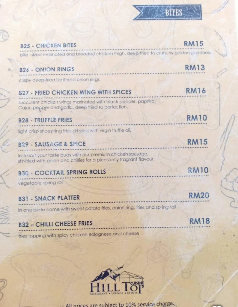 Bites At Hilltop Cuisine Menu Malaysia