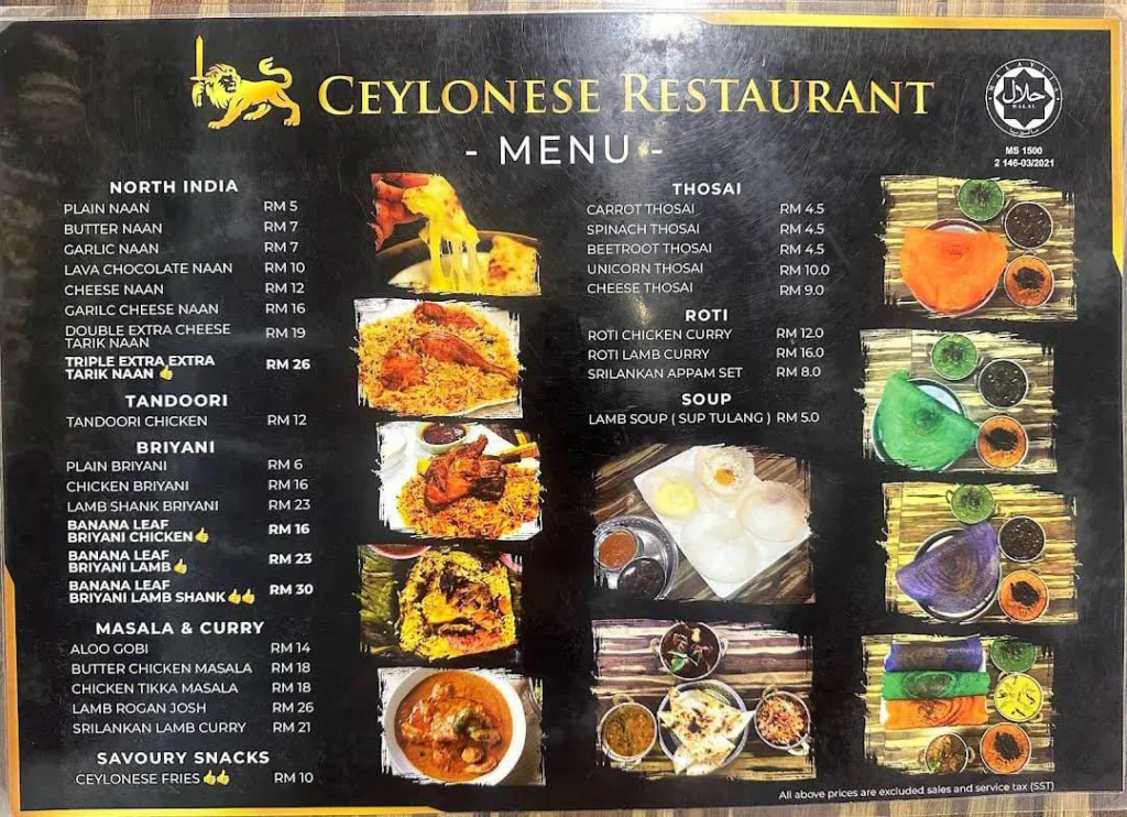 Menu Ceylonese items