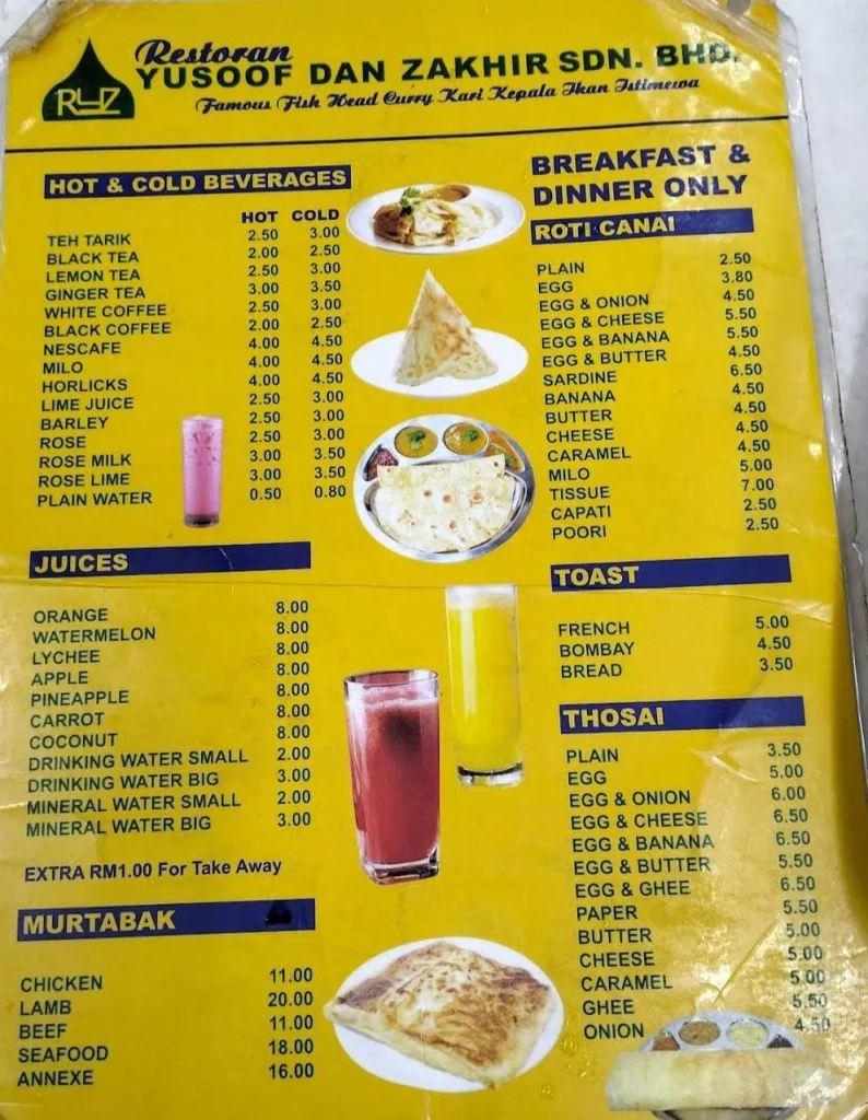 Restoran Yusoof & Zakhir Menu Prices Malaysia