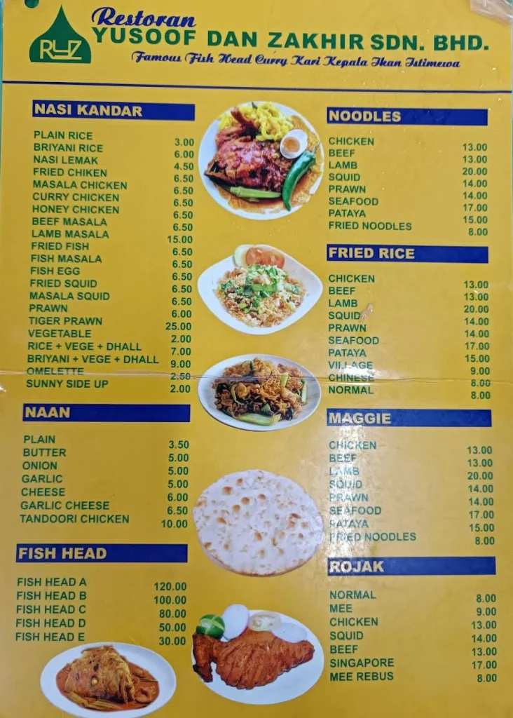 Restoran Yusoof & Zakhir Menu items Malaysia