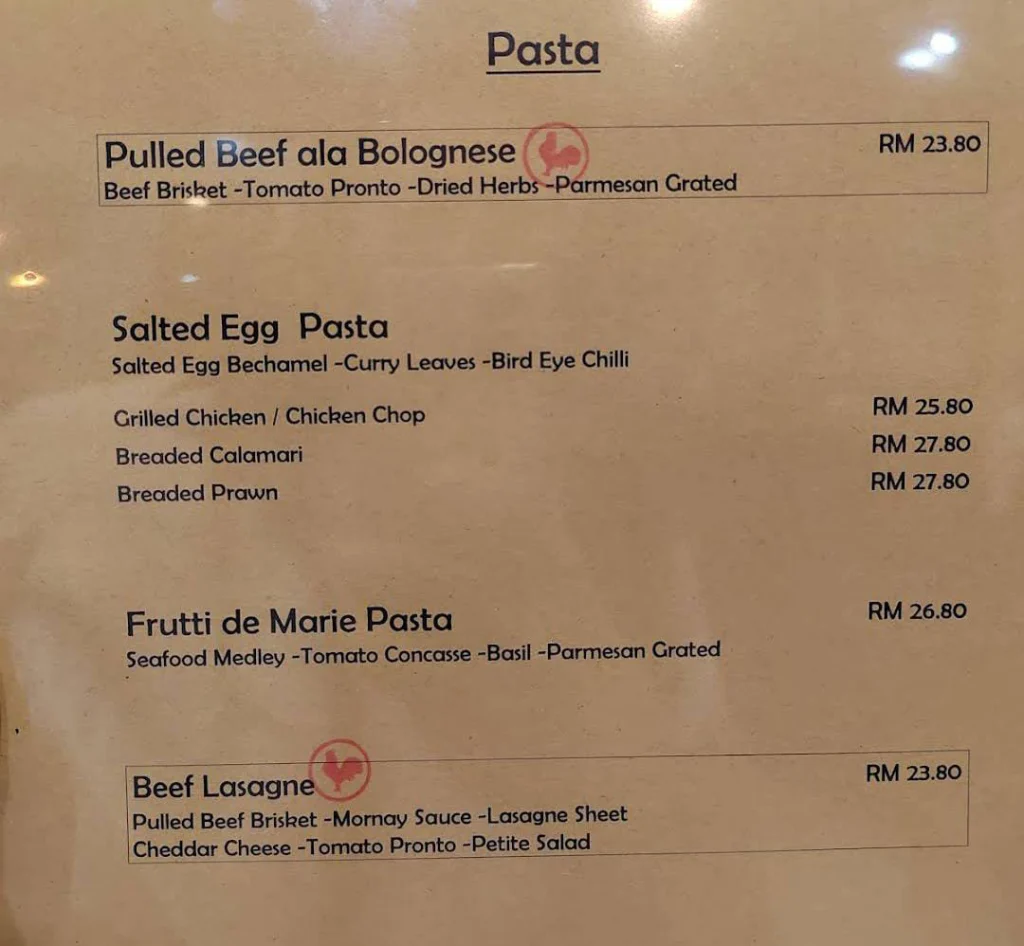 Pasta at Roost Menu Malaysia