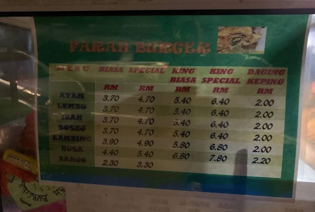 Farah Burger Menu PRICES