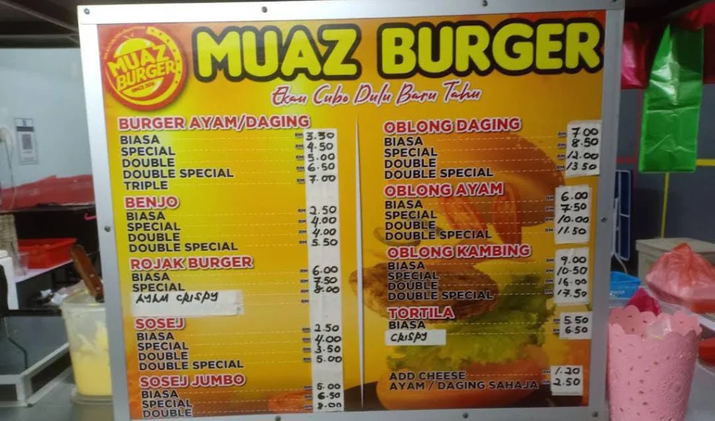 MUAZ BURGER MENU PRICES